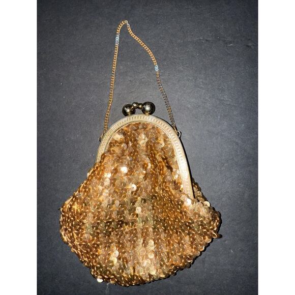 Vtg Dome Top Gold Sequin Evening Bag Lined Purse Handbag Kiss Clasp Cocktail - Picture 5 of 8